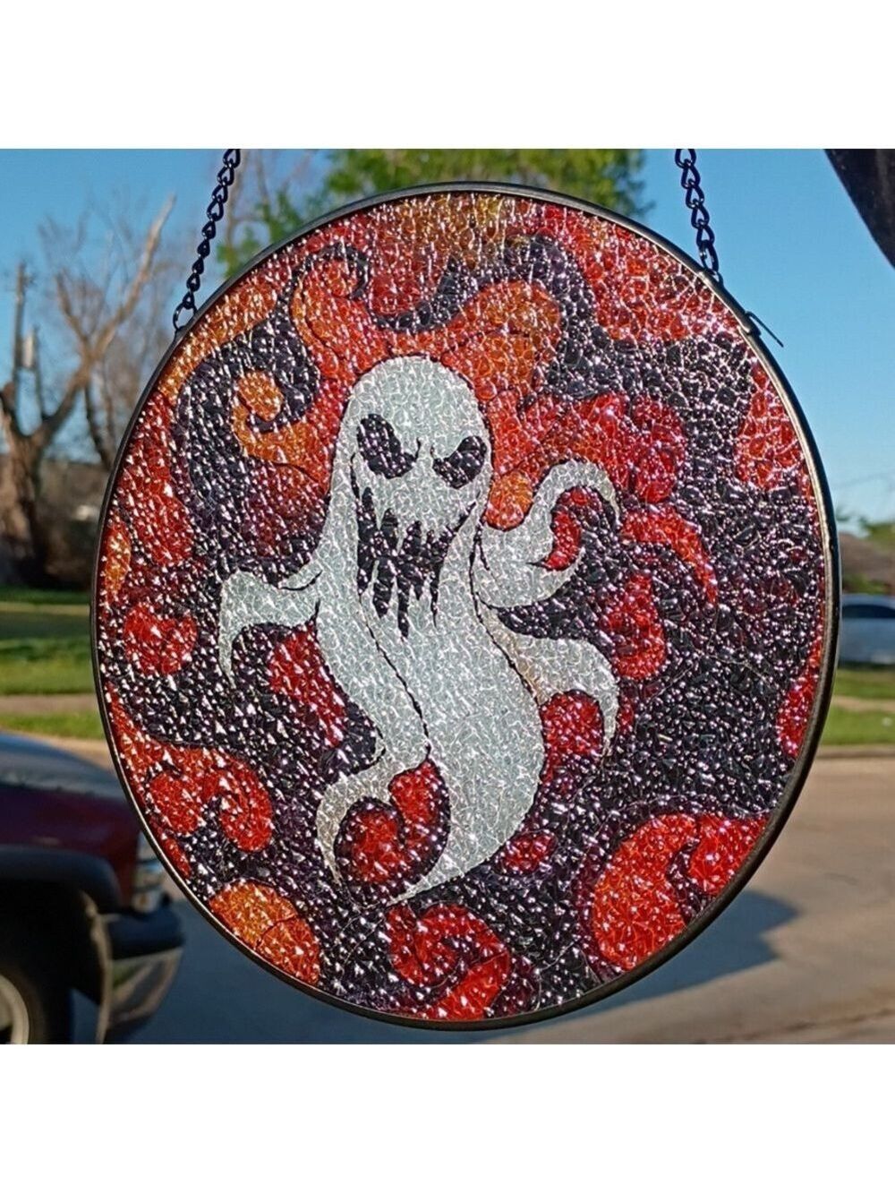 2/$20 Halloween Ghost Stained Glass-Style Hanging Wall Art, Orange - Picture 5 of 6